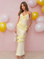 Chic A-Line Strapless Blue Floral Printed Ruffle Tiered Long Prom Dresses with Slit