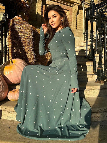 Mini Triangle Printed Dress Round Neck Long Sleeves Casual Maxi Dresses