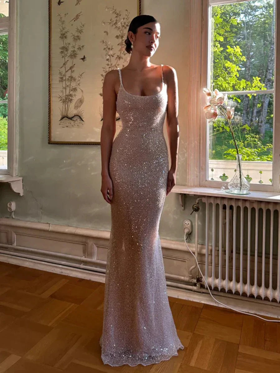 Sexy Mermaid Straps Sequin Prom Dresses With Split