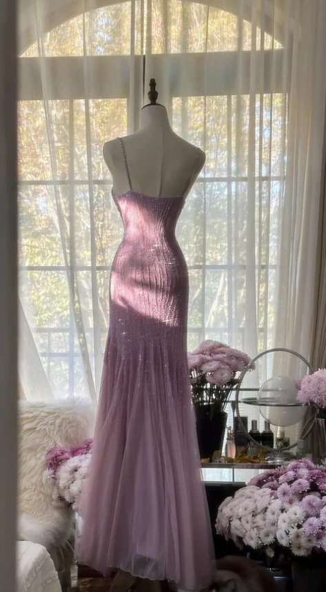 Elegant Elegant Mermaid Spaghetti Strap Tulle Sequin Prom Dress Evening Gown