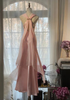 Elegantes, schlichtes, langes, rosafarbenes Chiffon-Abendkleid mit V-Ausschnitt