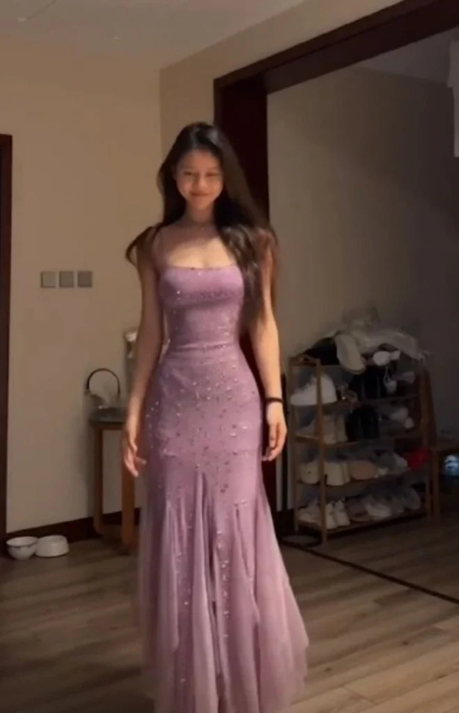 Vestidos de fiesta de noche de tul sirena sin mangas con tirantes finos brillantes