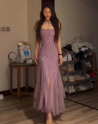 Vestidos de fiesta de noche de tul sirena sin mangas con tirantes finos brillantes