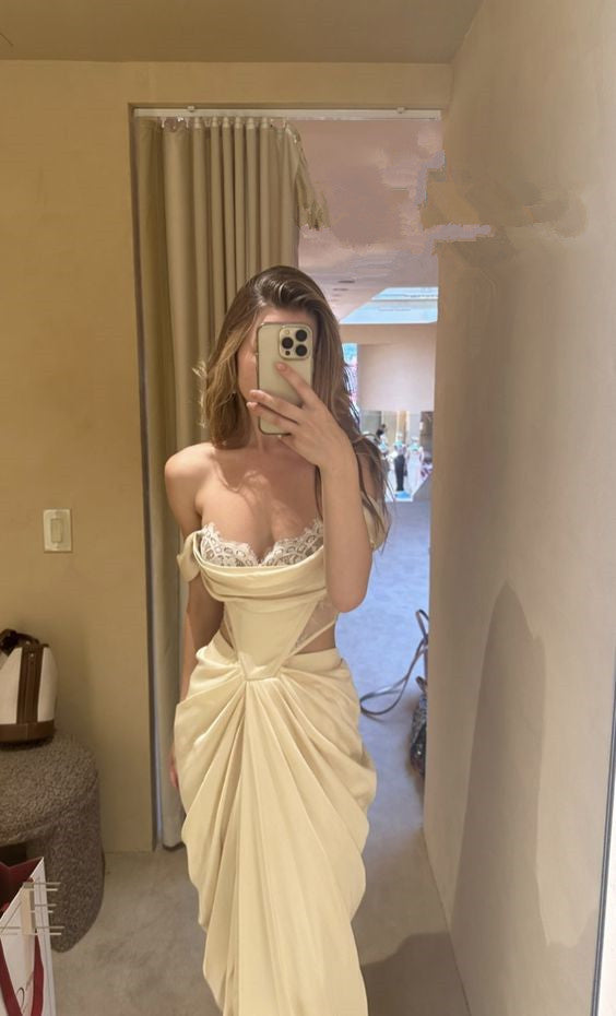 Vestido de fiesta largo de gasa sin tirantes y corte sirena sexy