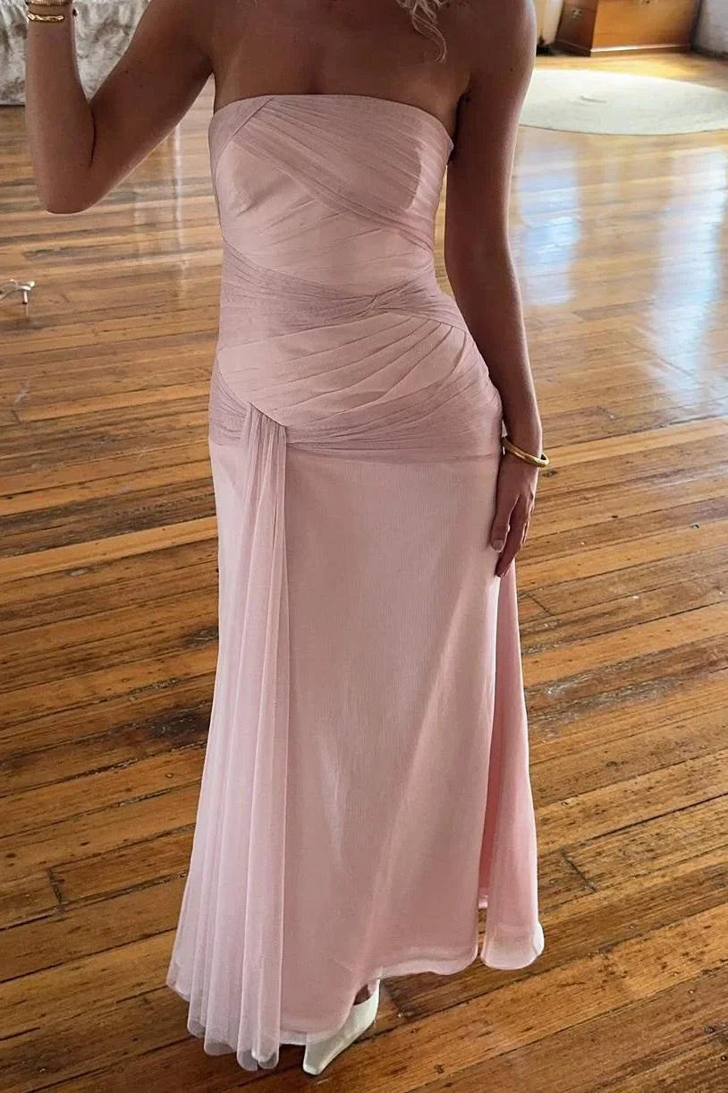 Chic Strapless Sleeveless Long Mermaid Prom Dress With Pleated