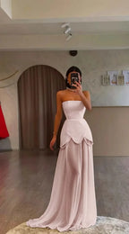 Elegant White Strapless Sleeveless Long Prom Dress With Pleated Beading