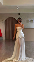 Elegant White Strapless Sleeveless Long Prom Dress With Pleated Beading