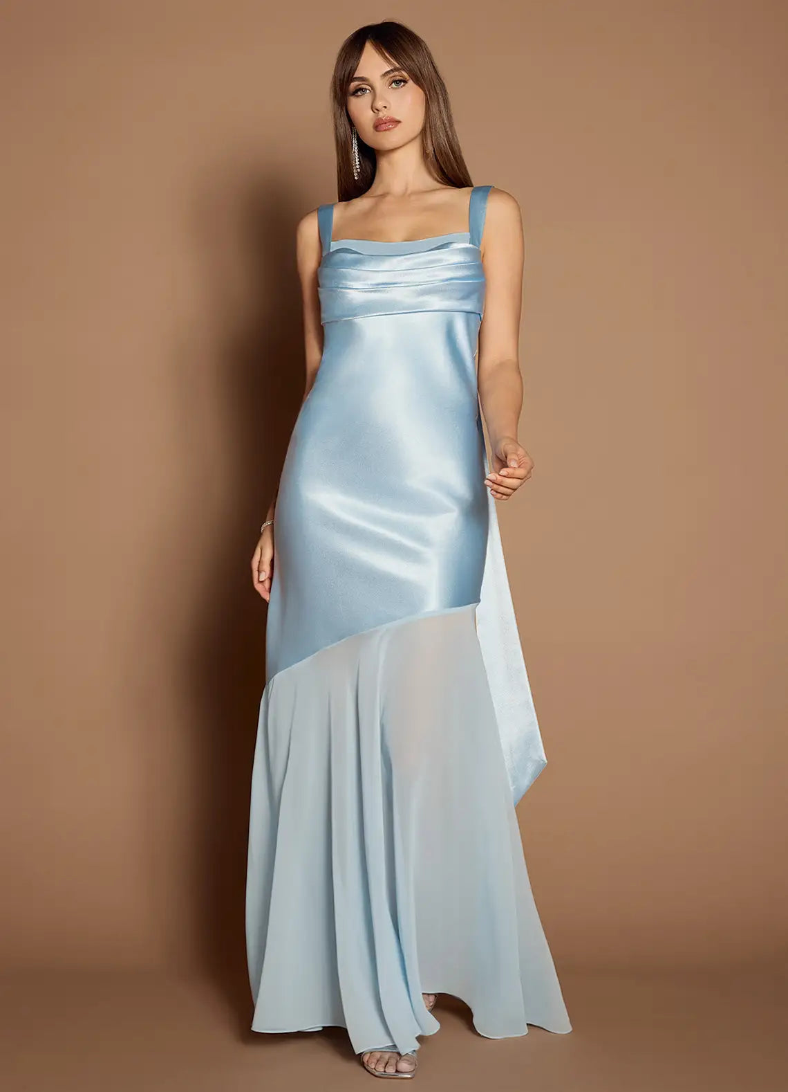 Vestido de Fiesta Fruncido con Tirantes Finos sin Espalda Sky Spaghetti
