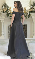 Elegant Off the Shoulder Asymmetric Floral Appliqued Floor-Length  Long Gown Prom Dresses