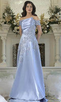 Elegant Off the Shoulder Asymmetric Floral Appliqued Floor-Length  Long Gown Prom Dresses
