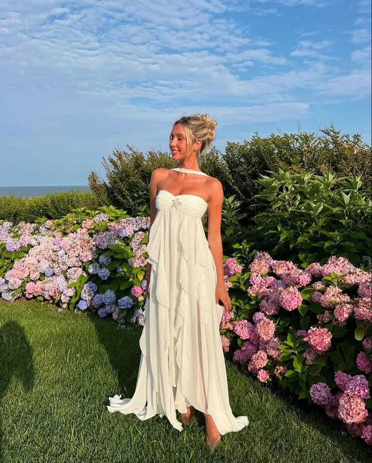 Sexy Tube-Top, gerafftes Rüschen-Maxikleid, trägerlos, Ballkleid