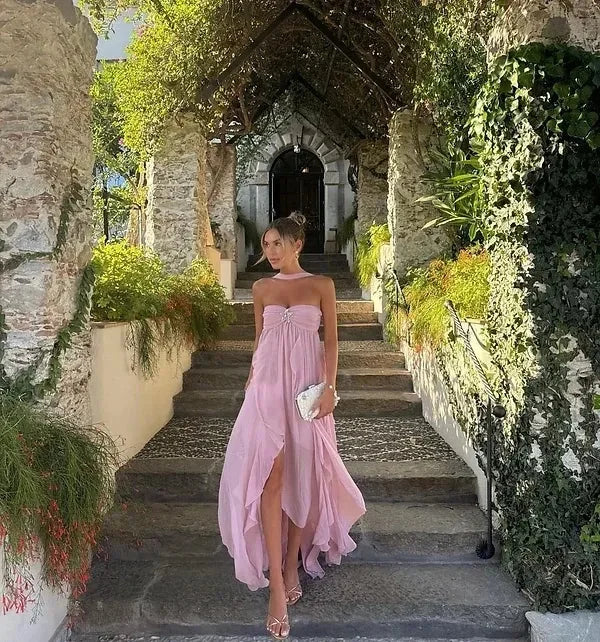 Sexy Tube-Top, gerafftes Rüschen-Maxikleid, trägerlos, Ballkleid