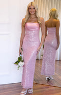Sexy tube top Pink Sequin Strapless Formal Maxi Dress Prom Dresses