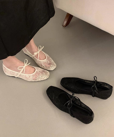Zapatos planos con bordado de malla transpirable beige para mujer con lazo 