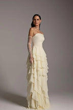 Vestido de fiesta largo con volantes, sin mangas y encantador, sin tirantes y con guantes