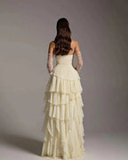 Vestido de fiesta largo con volantes, sin mangas y encantador, sin tirantes y con guantes