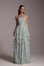 Vestido de fiesta largo con volantes, sin mangas y encantador, sin tirantes y con guantes