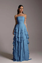 Vestido de fiesta largo con volantes, sin mangas y encantador, sin tirantes y con guantes