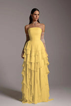 Vestido de fiesta largo con volantes, sin mangas y encantador, sin tirantes y con guantes