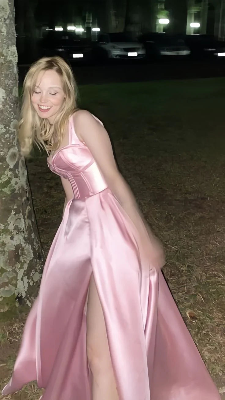 Einfaches A-Linien Satin-Partykleid mit seitlichem Schlitz, Ballkleid, Abendkleid
