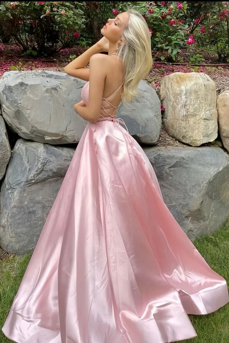 Einfaches A-Linien Satin-Partykleid mit seitlichem Schlitz, Ballkleid, Abendkleid