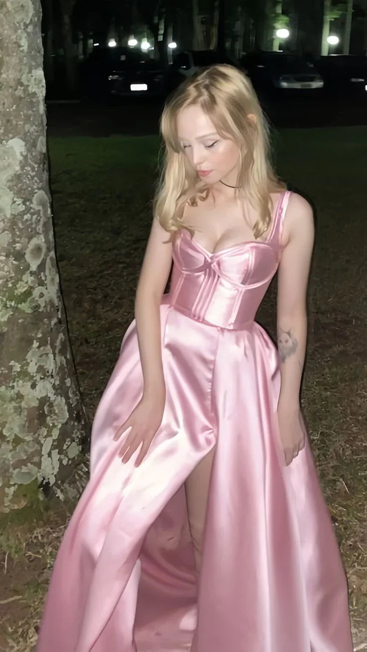 Einfaches A-Linien Satin-Partykleid mit seitlichem Schlitz, Ballkleid, Abendkleid