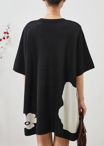 Minivestido elegante de algodón negro de gran tamaño con estampado floral para verano 