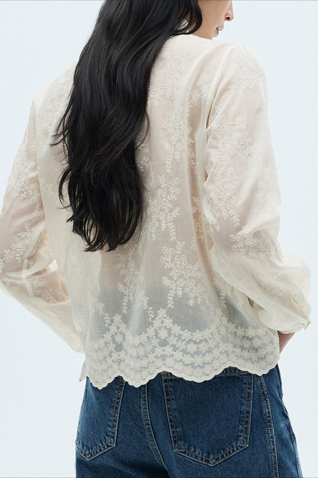 Sheer Tencel Chiffon Embroidered Blouse