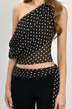 Polka Dot Mesh Asymmetrical Halter Tank Top