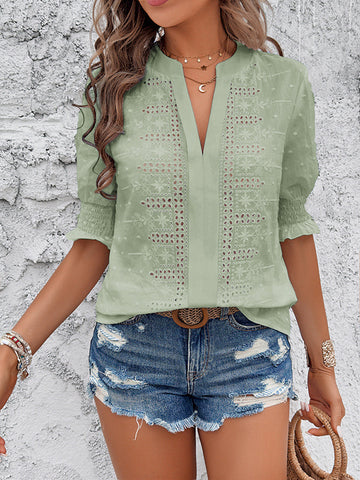 Half Sleeves Loose Elasticity Embroidered Hollow Solid Color V-Neck Blouses&Shirts Tops