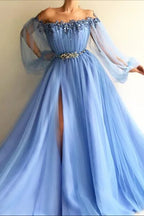 Elegant Off the Shoulder Long Sleeves Beaded Split Evening Dress With Belt