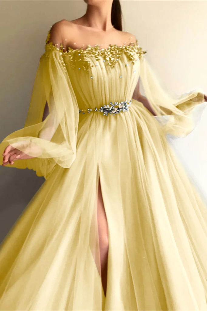 Elegant Off the Shoulder Long Sleeves Beaded Split Evening Dress With Belt