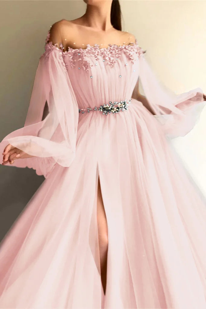 Elegant Off the Shoulder Long Sleeves Beaded Split Evening Dress With Belt