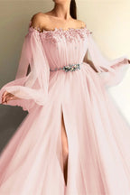 Elegant Off the Shoulder Long Sleeves Beaded Split Evening Dress With Belt
