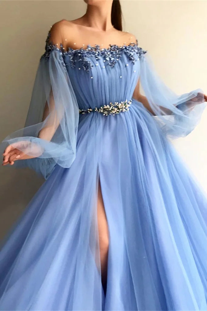 Elegant Off the Shoulder Long Sleeves Beaded Split Evening Dress With Belt