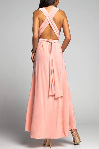 Vestido de fiesta largo Meridress con escote en V, sin mangas, espalda cruzada y abertura alta