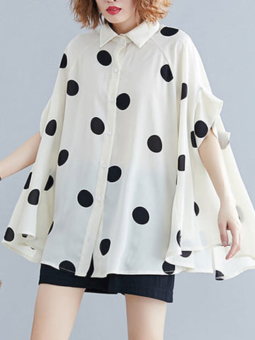Fledermausärmel Lose Polka-Dot Revers Blusen &amp; Hemden Tops 