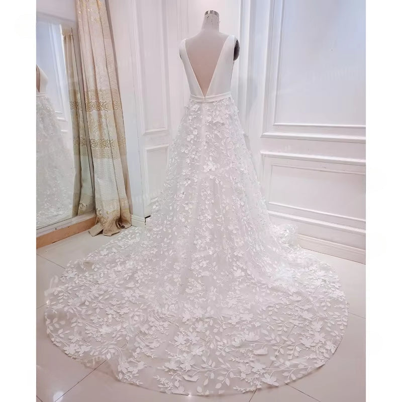 Ivory A-line Satin Tulle 3D Flowers V-neck Wedding Dresses With Slit