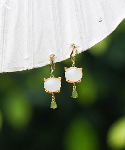 Pendientes vintage de jade dorado en plata de ley blanca 