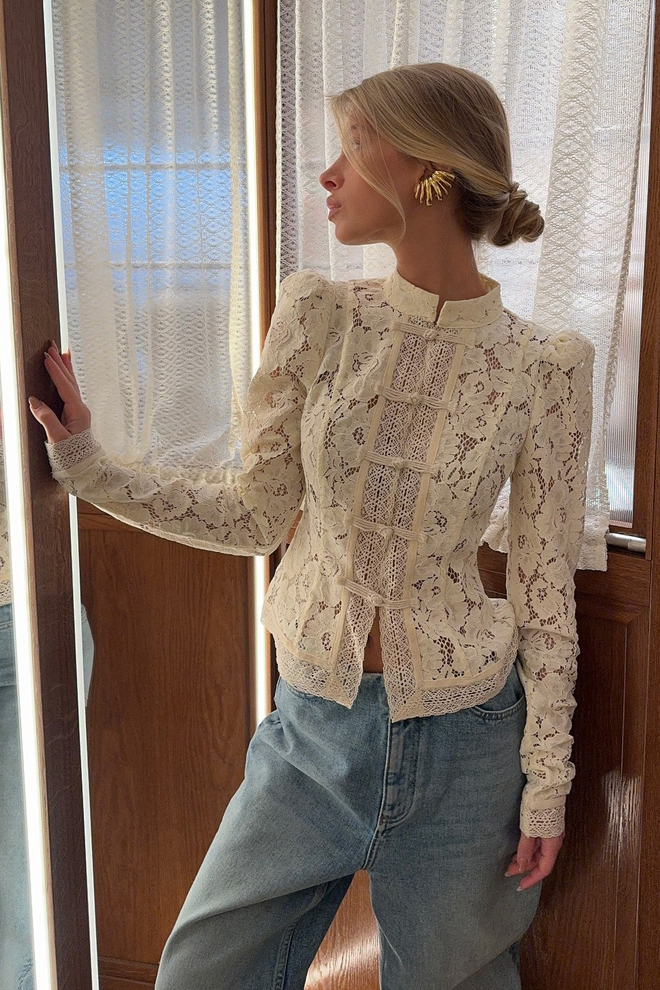Soft-Style Stand-Collar Frog-Button Lace Cutout Cardigan