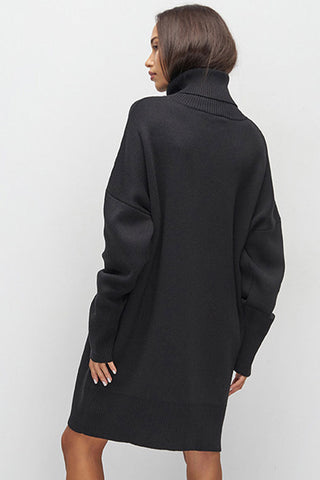 Vestido mini informal de cuello alto, manga larga, corte recto, de invierno, de gran tamaño, color negro 