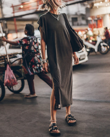 Simple and Effortless Open Sleeve Slit Oversized T-shirt Midi Dress