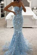 Wunderschönes, blaues Meerjungfrauen-Abendkleid mit Korsett und Stickereien
