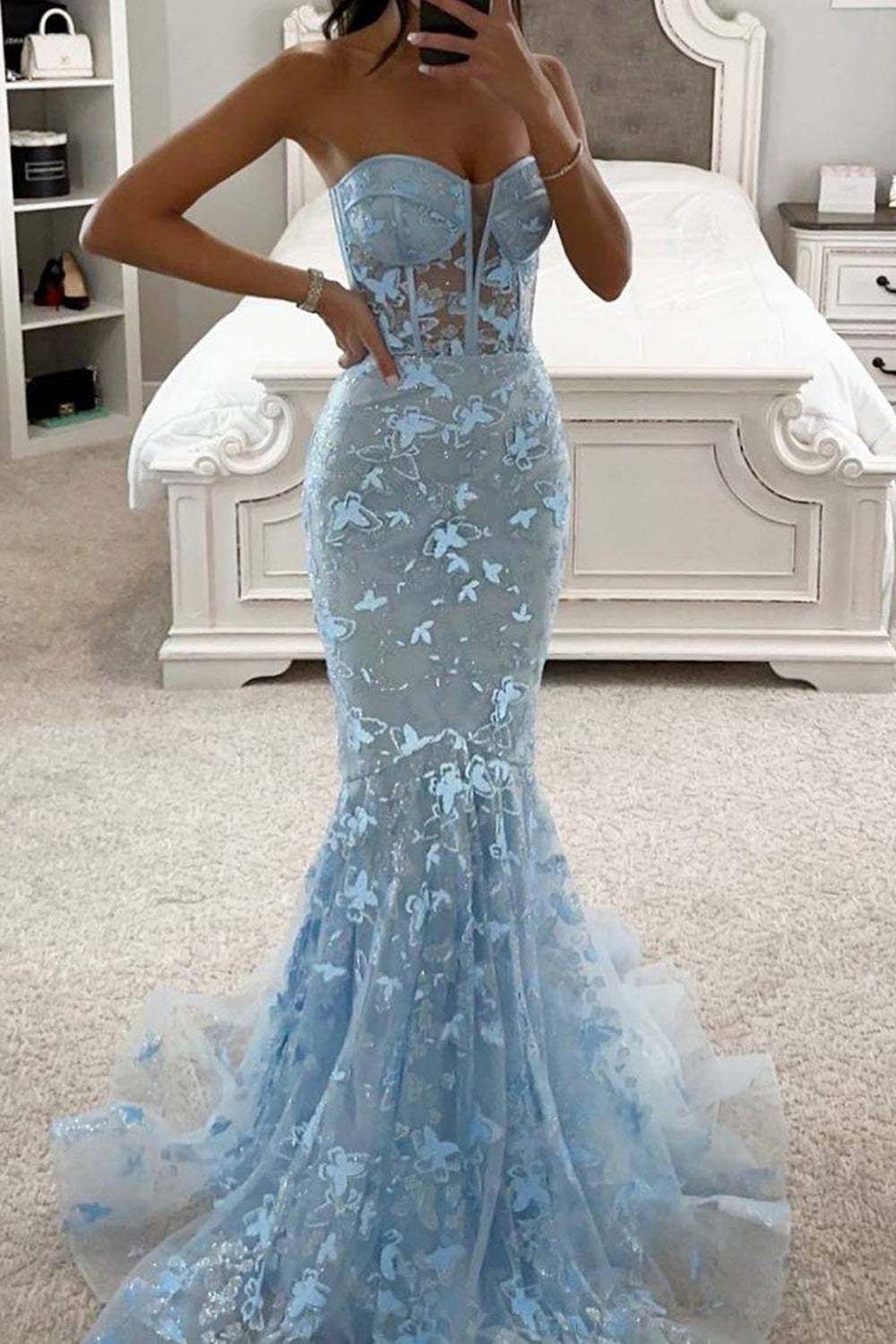 Gorgeous Mermaid Sweetheart Blue Corset Prom Dress with Embroidery