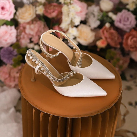 Sandalias de tacón alto con tiras cruzadas en la cabeza, de primavera/verano, con perlas francesas, diamantes de agua y blancos, para boda.