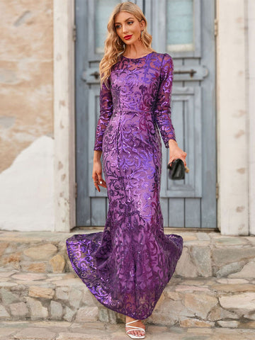 Geburtstags-Maxikleid mit Rundhalsausschnitt, langen Ärmeln, sexy langes Kleid 