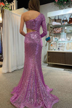 Meerjungfrauen-Abendkleid mit One-Shoulder-Schnitt, lila Pailletten und Cut-Outs