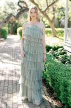 Halter Sleeveless Tulle Tiered Backless Gown Floor-Length Dress Prom Dresses