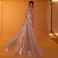 Elegantes, roségoldenes One-Shoulder-Abendkleid mit Schal und Faltenrock für Damen, ideal für Hochzeiten, Partys und Abschlussbälle
