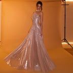 Elegantes, roségoldenes One-Shoulder-Abendkleid mit Schal und Faltenrock für Damen, ideal für Hochzeiten, Partys und Abschlussbälle